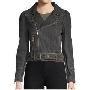 Manoush Denim Biker Jacket Motorcycle Washed Black Belted Size 40 US 8